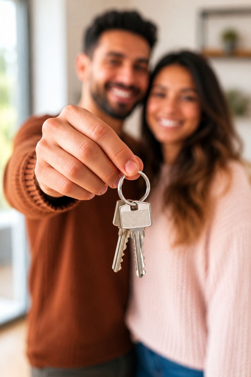A happy couple holding the keys to their new home