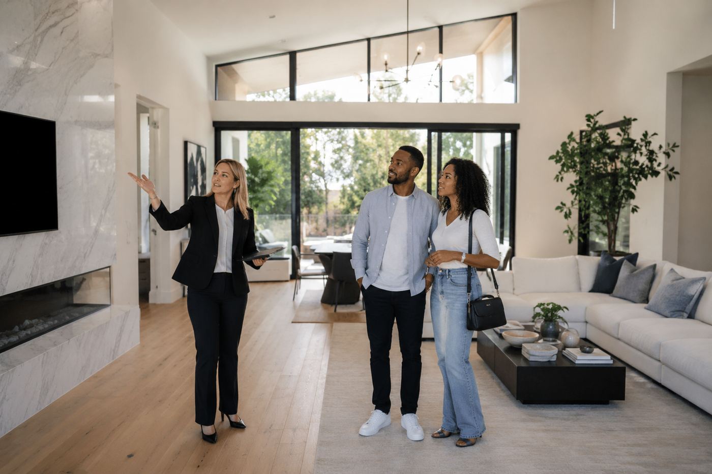 A broker showing a bright modern home to a couple